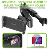 PH355BK - Universal Back Seat Headrest Tablet/Phone Mount Holder with Extendable Telescopic Arm and 360 Degree Rotation for Apple iPad, iPad Pro, iPad Mini, iPhones and Other Smartphones and Tablets (fits up to 8”) by Cellet - Black