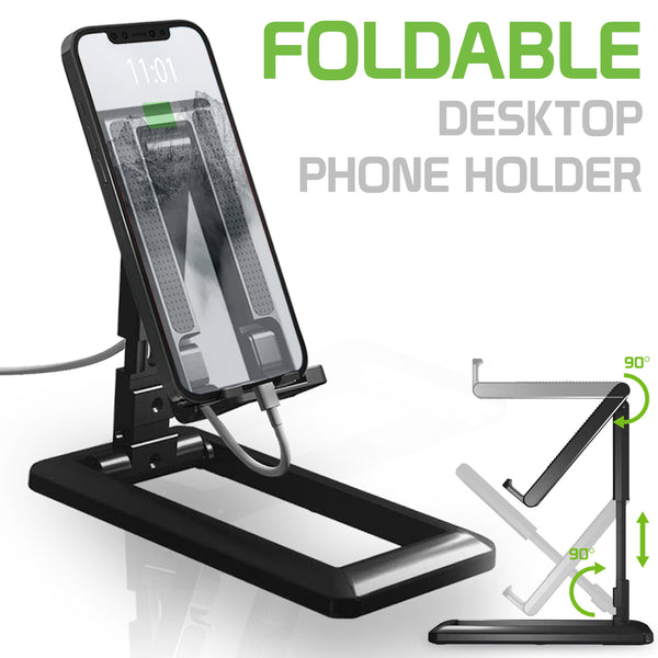 PH140BK - Adjustable Foldable Desktop Smartphone and Tablet Stand, Heavy Duty Adjustable Phone Stand with Non-Slip Rubberized Grips and Base Compatible to Smartphones, Tablets, and iPads - Black