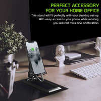 PH140BK - Adjustable Foldable Desktop Smartphone and Tablet Stand, Heavy Duty Adjustable Phone Stand with Non-Slip Rubberized Grips and Base Compatible to Smartphones, Tablets, and iPads - Black