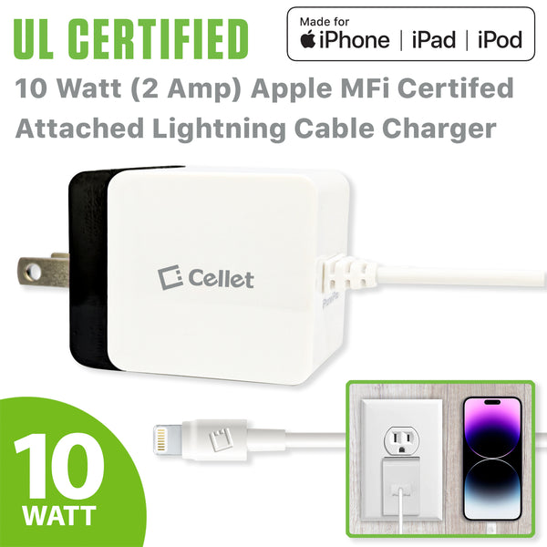 TCAPP5GB - Cellet 10W (2A) Apple MFi  Certified Lightning Wall Charger – UL Certified Compact Folding Blade Charger with 4ft Cable – Fast Charging for iPhone, iPad, iPod – White