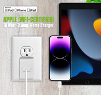 TCAPP5GB - Cellet 10W (2A) Apple MFi  Certified Lightning Wall Charger – UL Certified Compact Folding Blade Charger with 4ft Cable – Fast Charging for iPhone, iPad, iPod – White