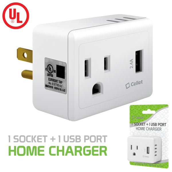 TP340 - Cellet UL Certified 1 Outlet + 12Watt (2.4Amp) USB Port Travel Charger