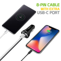 PAPP8H34BK - 30 Watt / 6.1 Amp Attached Lightning (Apple MFi Certified) Car Charger with Extra USB-C Port