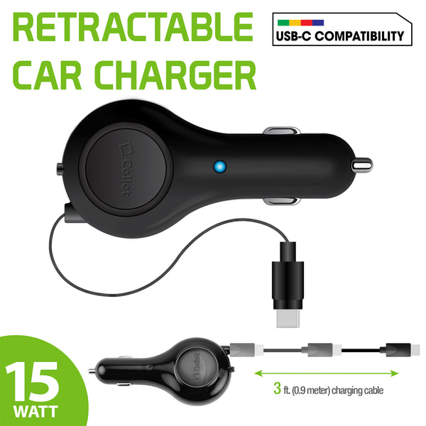 PUSBC30R - Cellet 3A / 15W USB-C Retractable Car Charger for iPhone 15 Series, Samsung Galaxy S24 Series & more