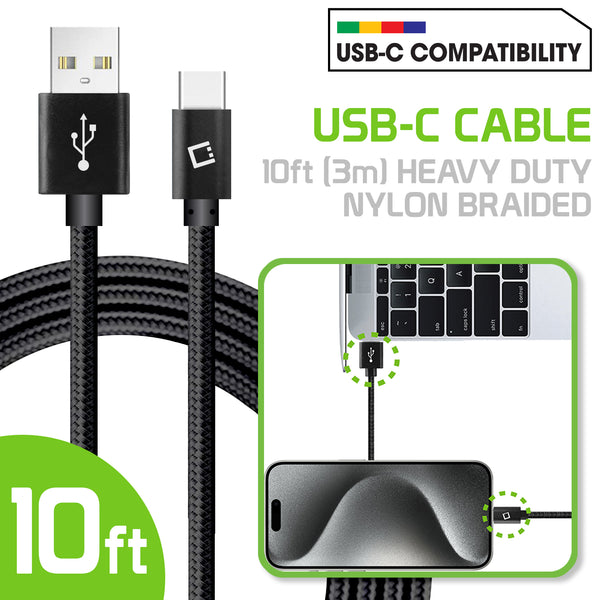 DCA1020BK - 10 Ft Durable Nylon Braided Type C Data Transfer & Sync Fast Charge Cable 2.5 Amp