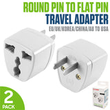 CNFPIN2FA - Cellet Universal Travel Plug Adapter 2 Pack, EU UK Europe Asia to US Outlet Plug Converter, Round to Flat Pin AC Power Adapter for USA Grounded Wall Socket, Compact International Power Plug