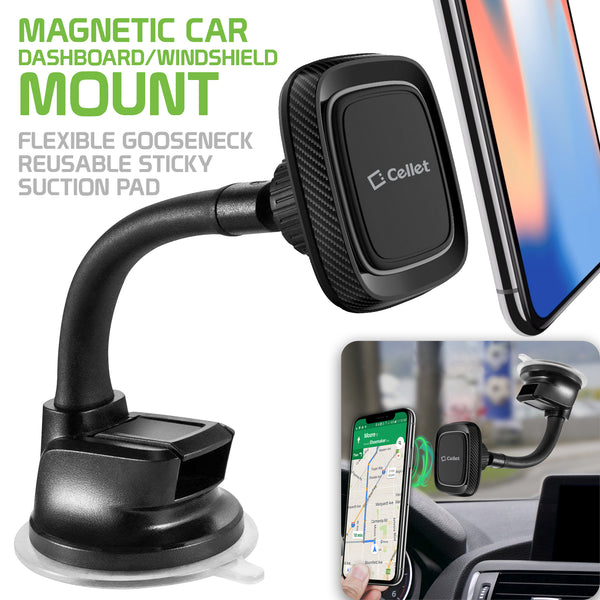 RHSUMAG100 - Magnetic Dashboard/Windshield Mount, Extra Strength Magnetic Car Dashboard/Windshield Mount with Flexible Gooseneck and Reusable Sticky Suction Pad for Smartphones by Cellet