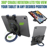 PHTAB5003 - Cellet 3-in-1 Tablet Stand & Car Headrest Mount Holder for POS Desk Kiosk & Backseat Road Trips, 360° Swivel Heavy Duty Weighted Base Portable Ring Grip for iPad Pro 12.9 11 Mini, Galaxy Tab, Surface