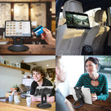 PHTAB5003 - Cellet 3-in-1 Tablet Stand & Car Headrest Mount Holder for POS Desk Kiosk & Backseat Road Trips, 360° Swivel Heavy Duty Weighted Base Portable Ring Grip for iPad Pro 12.9 11 Mini, Galaxy Tab, Surface
