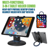 PHTAB5003 - Cellet 3-in-1 Tablet Stand & Car Headrest Mount Holder for POS Desk Kiosk & Backseat Road Trips, 360° Swivel Heavy Duty Weighted Base Portable Ring Grip for iPad Pro 12.9 11 Mini, Galaxy Tab, Surface