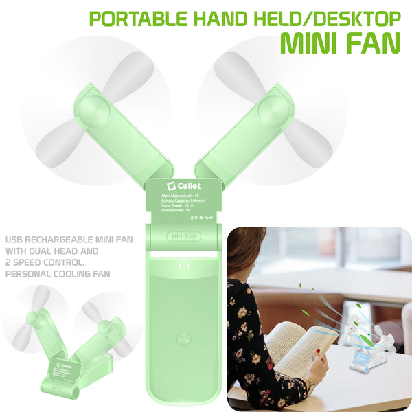 FAN500GR- 2 in 1 Mini Handheld Fan 500mAh Dual Fan Heads - Green