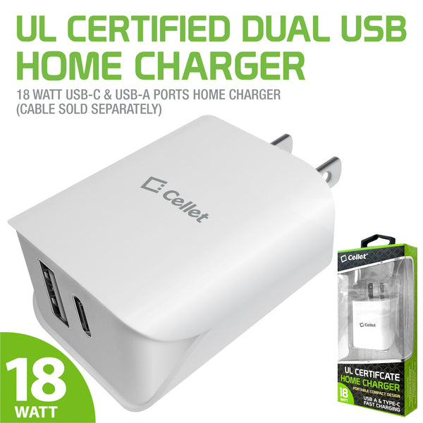 TC180WT - UL Certified 18 Watt Dual Port Home Charger, USB-C and USB-A Home Charger (Cable Sold Separately) – White