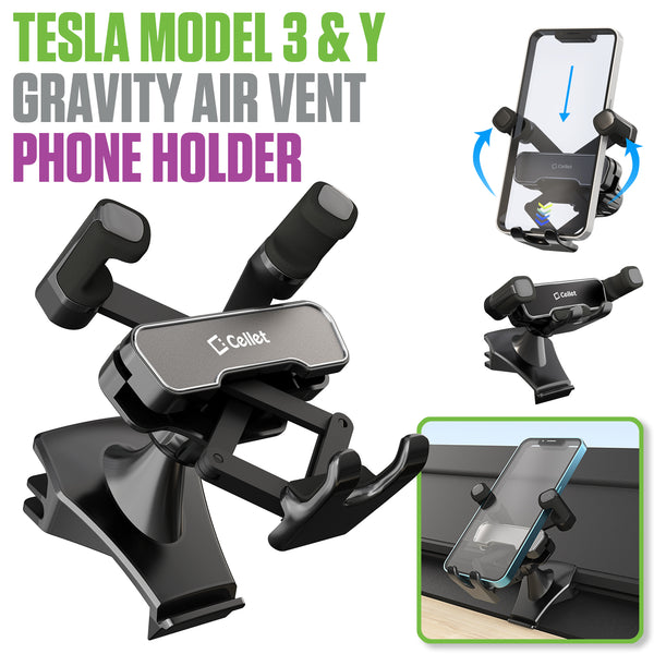 PH250 - Cellet Tesla Model 3 & Y Gravity Air Vent Phone Holder Mount – Hands-Free Car Phone Mount for iPhone, Samsung, Google Pixel – Auto-Locking Cradle, Anti-Slip Grip, Easy Install, Sleek Black Design