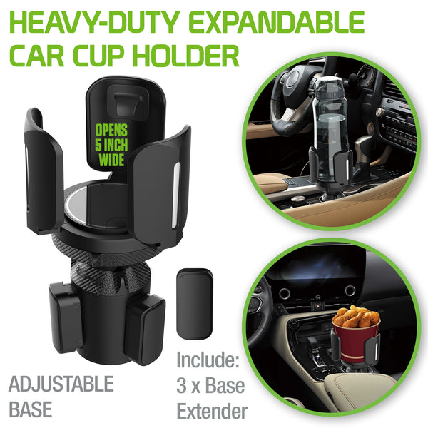 PHCUP1 - Heavy-Duty Expandable Car Cup Holder & Organizer - Universal Fit for Large Bottles, Coffee Mugs, Phones, Food - Adjustable Base & 3 Base Extenders - Car Interior Accessories for SUV, Truck, Sedan