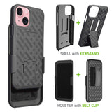 HLIPH15 - iPhone 15 Holster, Shell Holster Kickstand Case with Spring Belt Clip for Apple iPhone 15 – Black – by Cellet