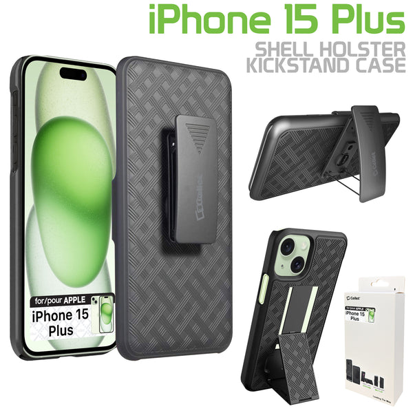 HLIPH15PLUS - iPhone 15 Plus Holster, Shell Holster Kickstand Case with Spring Belt Clip for Apple iPhone 15 Plus – Black – by Cellet