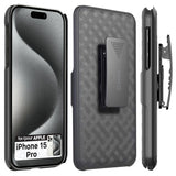 HLIPH15PRO - iPhone 13 Pro Max Holster, Shell Holster Kickstand Case with Spring Belt Clip for Apple iPhone 15 Pro – Black – by Cellet