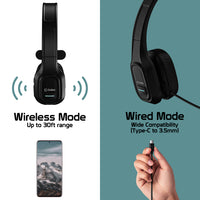 EBBOOMM100 - Overhead Wireless Headset, Premium V5.0 Overhead Wireless Noise Cancelling Headphones with Boom Microphone, Type-C Charging Cable and 3.5mm Adapter Compatible to Wireless Enabled Devices and 3.5mm Devices - Black