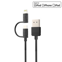 DAAPP5TK - Cellet 2 in 1 Micro USB + Lightning (Licensed by Apple, MFI Certified) Charging / Data Sync Cable - Black