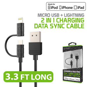 DAAPP5TK - Cellet 2 in 1 Micro USB + Lightning (Licensed by Apple, MFI Certified) Charging / Data Sync Cable - Black