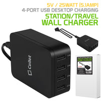 TCUSB4MOBK - Cellet 5V / 25Watt (5.1Amp) / 4 Port USB Desktop Charging Station - Travel Wall Charger - Black