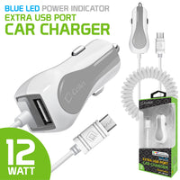 PMICUM21WT - Cellet High Powered 12 Watt (2.4 Amp) Micro USB Car Charger with Extra USB Port and Coiled cable - White