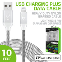 DA8T10BRSL - Cellet Lightning 8 Pin (Apple MFI Certified) 10 ft. (3m) Heavy Duty Nylon Braided USB Charging plus Data Sync Cable - Silver