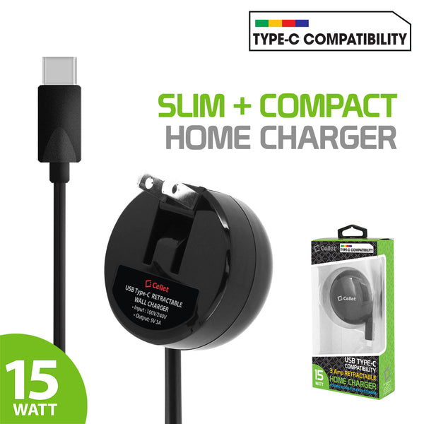 TCUSBCR30 - Cellet High Powered 3Amp / 15Watt USB Type-C Retractable Home Charger for Samsung Galaxy 10 10+ Note 10 Google Pixel 3 XL LG G5, Nexus 5X, Nexus 6P, Nokia Lumia 950/950 XL, OnePlus 2