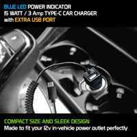 PUSBC32 - Cellet High Powered 3 Amp / 15 Watt USB-C USB Car Charger with Extra USB Port  & Attached 6ft coiled cable