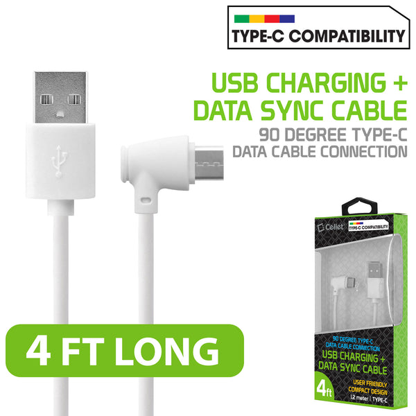 DCA904WT - Cellet Micro USB 90 Degree Type C Data Cable Connection for Samsung Galaxy S8 Edge, Samsung Galaxy 8 Edge, Galaxy J7, LG G6,  and other android devices White