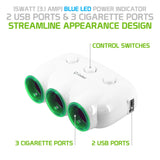 PBACK3WT - Cellet Dual USB Port & 3 Cigarette Port Car Charger for Android & Apple devices - White