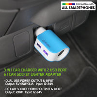 PUSBDC2BL - Cellet Universal High Power Dual USB Port & Cigarette port 15W / 3.1Amps Dual USB Car Charger - Blue/White