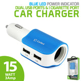 PUSBDC2BL - Cellet Universal High Power Dual USB Port & Cigarette port 15W / 3.1Amps Dual USB Car Charger - Blue/White