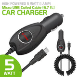 PMICRO1BK - High Powered 5 Watt (1 Amp) Micro USB Coiled Cable (5.7 ft.) Car Charger by Cellet - Black