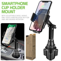 PH630  - *NEW*  Cellet Smartphone Cup Holder Mount, Heavy Duty Automobile Cup Holder Mount with Adjustable Base, Height, One Touch Arm Release Button and 360 Degree Rotation Compatible to iPhone 11 Pro Max, Samsung Galaxy S10, GPS Systems and more