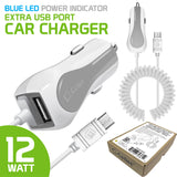 PMICROMSWT - Cellet High Powered 12 Watt (2.4 Amp) Micro USB Car Charger with Extra USB Port and Coiled cable - White