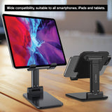 PHTAB60BK - Tablet Desktop Stand, Foldable Heavy Duty Adjustable Smartphone and Tablet Stand with Non-Slip Rubberized Grips and Weighted Base Compatible to Smartphones, Tablets, iPads and Nintendo Switch – Black