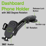 PHC82 - Dashboard Phone Mount, Universal Suction Cup Dashboard Phone Holder with 360 Degree Rotation, One Touch Arm release Button & Lock Lever Compatible to  iPhone 12 Pro Max, 12 / 12 Pro, 12 Mini, Samsung Galaxy S21 / S21 Plus, S21 Ultra & More