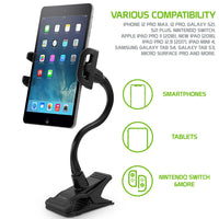 PH500 - Tablet/Smartphone Clip Holder, Tablet/iPad & Smartphone Desktop Mount with Heavy Duty Clip, Adjustable Gooseneck and 360 Degree Rotation Compatible to iPhone 12 Pro Max, 12 Pro, Galaxy S21, S21 Plus, iPad Pro, iPad Mini Nintendo Switch and More