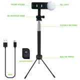 ACPOD6 - Selfie Stick with Attachable Tripod Base, 3 Adjustable Lighting Modes for Live Streams, Videos and Photos Compatible to iPhones and Androids