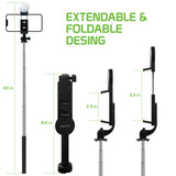 ACPOD6 - Selfie Stick with Attachable Tripod Base, 3 Adjustable Lighting Modes for Live Streams, Videos and Photos Compatible to iPhones and Androids