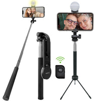 ACPOD6 - Selfie Stick with Attachable Tripod Base, 3 Adjustable Lighting Modes for Live Streams, Videos and Photos Compatible to iPhones and Androids