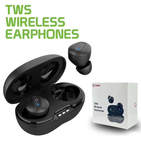 EB400-Cellet Wireless Earbuds, Premium In-Ear Wireless Earbuds with Charging case, Voice Notifications and Built-in Microphone and Type C USB charging cable Compatible to Wireless Enabled Devices - Black