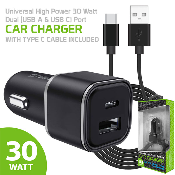 PC30WCBK - Dual USB Car Charger, Universal High Power 30 Watt Dual (USB A & USB C) Port Car Charger with Type C Cable Included Compatible to Compatible to iPhone 13 Pro, 13 Pro Max, 13 Mini, Samsung Galaxy Z Fold3, Z Flip3, S21 Ultra by Cellet - Black