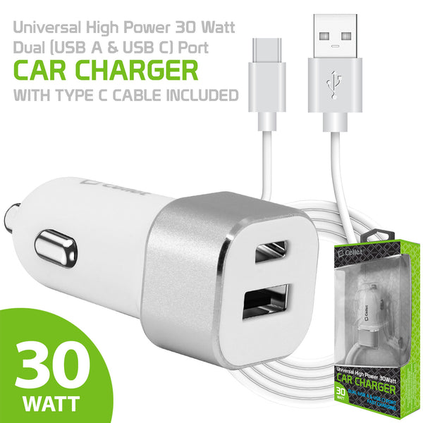 PC30WCWT - Dual USB Car Charger, Universal High Power 30 Watt Dual (USB A & USB C) Port Car Charger with Type C Cable Included Compatible to Compatible to iPhone 13 Pro, 13 Pro Max, 13 Mini, Samsung Galaxy Z Fold3, Z Flip3, S21 Ultra by Cellet - White