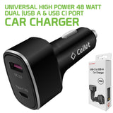 PCA48W - Dual USB Car Charger, Universal High Power 48 Watt Dual (USB A & USB C) Port Car Charger by Cellet - Black