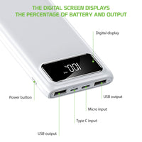 BA10002WT - 10,000mAh Portable Power Bank with Smart Digital Display Screen Compatible with iPhones Samsung Galaxy, Note, Motorola Moto, Google Pixel - White